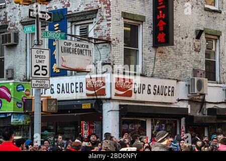 Classic diner Cup & Saucer in original location on the corner of Canal Street and Eldridge Street in Lower East Side or Chinatown, Manhattan, NYC, USA Stock Photo