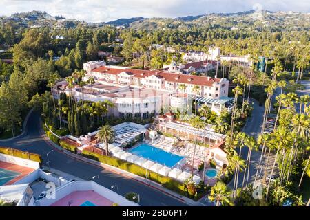 Aerial views of exclusive historic  Beverly Hills Hotel on Sunset Boulevard Stock Photo
