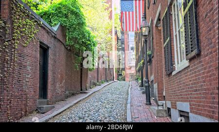 Acorn St., Beacon Hill, Boston MA. It's one of the areas that gives Boston a European feel. Stock Photo