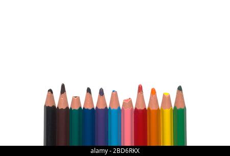 blunt pencils used colored not new one row line isolated close up closeup Stock Photo