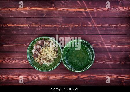 Naryn with broth from horse meat or lamb and noodles. Uzbek cuisine Stock Photo
