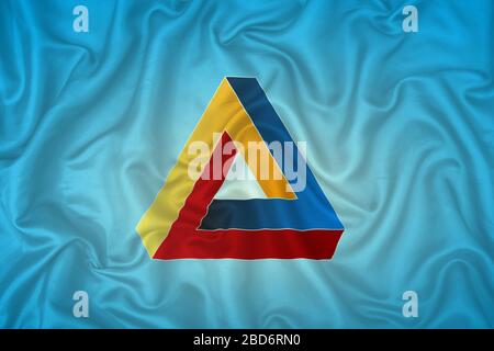 Penrose impossible triangle on a blue silk satin fabric texture. Stock Photo