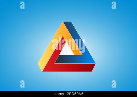 Penrose impossible triangle isolated on a blue background. Stock Photo