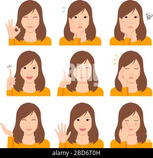 Young woman vector illustration set / hand gesture and emotional face variation. Stock Vector
