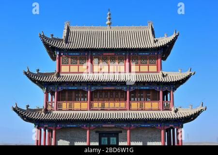 Upturned eaves-chiwen and chishou ornate-Xieshan roof-Gate of Sighs tower-Jiayuguan fortress-Gansu-China-0785