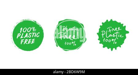 Set of plastic free green eco friendly design elements. Vector stock illustration. Stock Vector