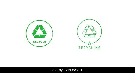 Set of recycling sign green round line sticker with Mobius strip, band or loop. Design element for packaging design and promotional material. Vector s Stock Vector