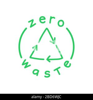 Zero waste handwritten text with green recycling sign isolated on white background. Eco label, green emblem. Vector stock illustration. Stock Vector