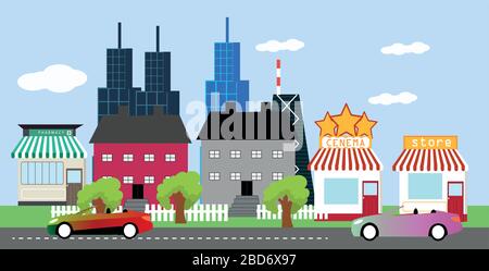 Flat vector cartoon style illustration of landscape street with cars Stock Vector