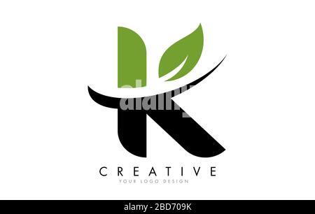 Letter K with Leaf and Creative Swoosh Logo Design. Eco Letter Vector Illustration. Stock Vector
