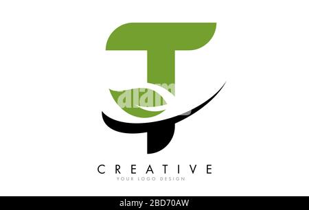 Letter T with Leaf and Creative Swoosh Logo Design. Eco Letter Vector Illustration. Stock Vector