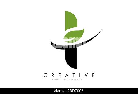 Letter I with Leaf and Creative Swoosh Logo Design. Eco Letter Vector Illustration. Stock Vector