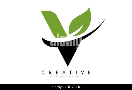 Letter V with Leaf and Creative Swoosh Logo Design. Eco Letter Vector Illustration. Stock Vector