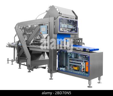 Automatic packing machine with plastic bag and paper box, high speed packing machine for food product industrial, high technology manufacturing proces Stock Photo