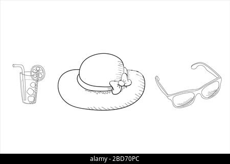 Very simple hand drawing summer icon set with hat, lemonade, and sunglasses isolated on white background. Summer concept vector illustration template Stock Vector