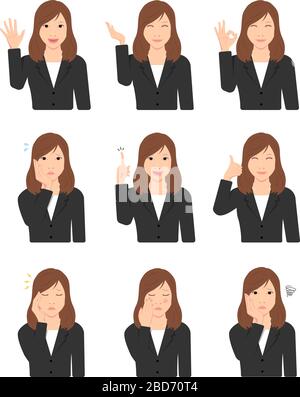 Young asian business woman (upper body / waist up ) vector illustration set / hand gesture and face pattern variations. Stock Vector