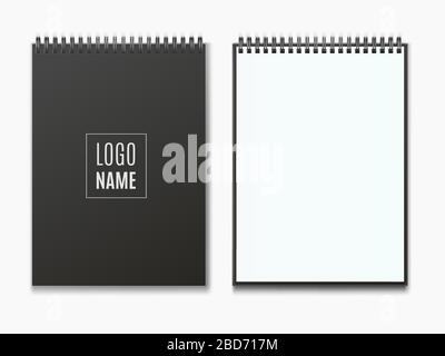 Realistic black vertical open and closed realistic spiral notepad mockup. Stock Vector