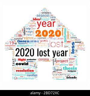 Word cloud on theme lost year 2020 in square shape on white background. Abstract concept of falling financial stock markets, lost goals and yearly pla Stock Photo