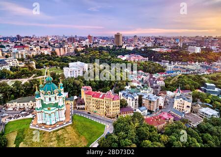 Saint Andrew church and Andriyivskyy Descent in Kiev, Ukraine Stock Photo