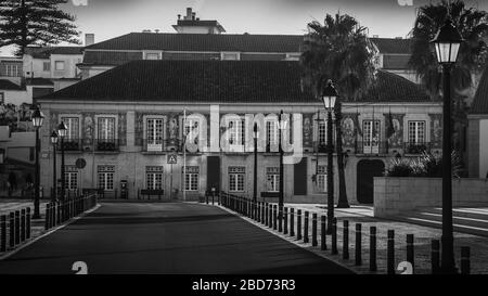 Town Hall, Main square in the old town, 5th October Square, Cascais, Lisbon, Portugal in monochrome Stock Photo