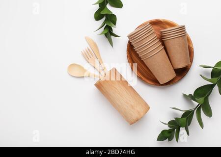Set of eco friendly wooden and paper cutlery Stock Photo