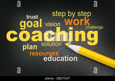 Coaching word cloud arrangement with yellow pencil besides. Coaching mentorship planning concept Stock Photo