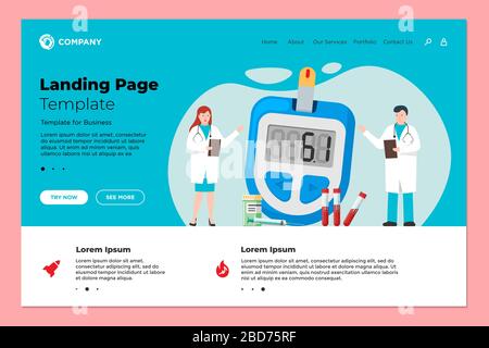 Doctors male and female with glucometer for diabetes medical diagnosis measuring sugar level landing page design template. Diabetic blood glucose meter and test tubes vector website illustration Stock Vector