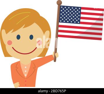 Cartoon business woman with national flags / USA . Flat vector illustration. Stock Vector