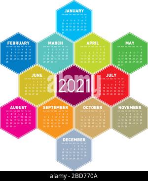 Colorful Calendar for year 2021 in an hexagonal pattern. In vector format. Stock Vector