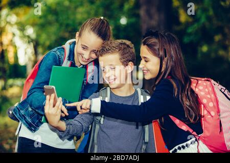 Group of friends hang out after school and using smart phone while walking through the park. Stock Photo