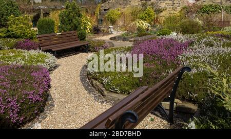 Gravel paths, garden seating and mixed heather flower beds in Hallcliffe Community Garden, Baildon, Yorkshire, England. Stock Photo