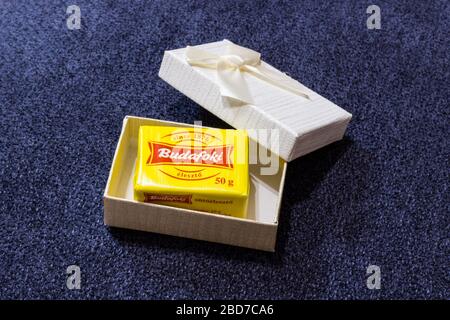 Hungarian Bodafoki Yeast (eleszto) 50g in small box. During the 2020 pandemic yeast is in short supply, and people give it as a gift. Hungary, Europe Stock Photo