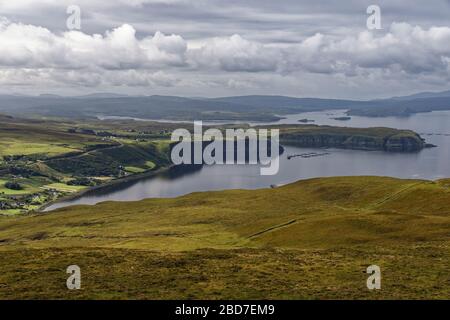 Uig Bay from sumit of Reieval with Loch Greshornish & Loch Snizort Beag beyond, Isle of Skye, Scotland, UK Stock Photo