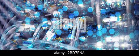Blue Honeycomb Icons on Technology Management Center. Wifi Gears and Security concept. For your business. Stock Photo