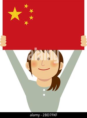 Cartoon woman with national flags / China ( upper body). Flat vector illustration. Stock Vector