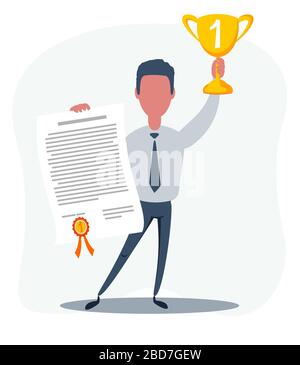 Vector illustration of businessman proudly standing and holding up winning trophy and showing an award certificate. Stock Vector