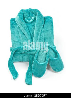 Folded bathrobe, and slippers isolated on white, top view. Stock Photo