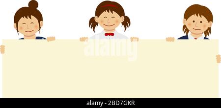 Female students holding horizonal blank banner with smiling. flat vector illustration. Stock Vector