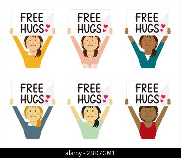 Cartoon young woman holding a free hugs placard. Flat vector illustration. Stock Vector