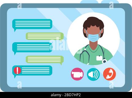 online doctor, chatting video tablet computer consultant medical protection covid 19 vector illustration, flat style icon Stock Vector