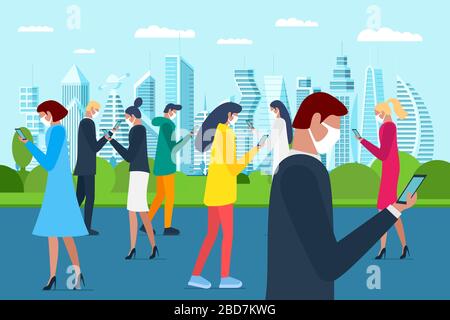 Crowd people walking in white medical protective face mask on city park and using smartphones. Protecting airborne corona virus epidemic infection or air pollution concept flat vector eps illustration Stock Vector