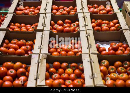 Beautiful red tomatoes in cardboard boxes, for sale on a market shelf ...