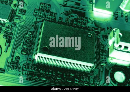 Close up view of central computer processor CPU blank microchip for copy space. Motherboard circuit background Stock Photo
