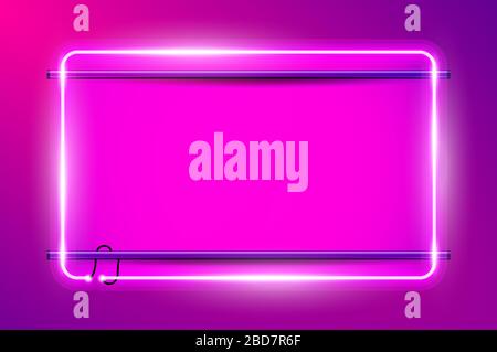 Glowing rounded rectangular neon frame, purple background. Realistic vector illustration. Stock Vector