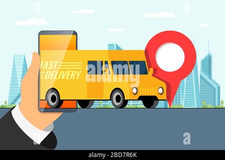 Fast delivery truck ordering service app concept. Hand holding smartphone with geotag gps location pin arrival address on city street and express cargo shipping concept. Online application flat vector Stock Vector