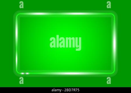 Glowing rounded rectangular neon frame, green background. Realistic vector illustration. Stock Vector