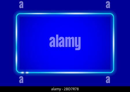 Glowing rounded rectangular neon frame, blue background. Realistic vector illustration. Stock Vector