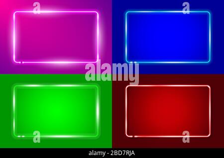 Four glowing rounded rectangular neon frames, pink, blue, green and red backgrounds. Realistic vector illustration. Stock Vector