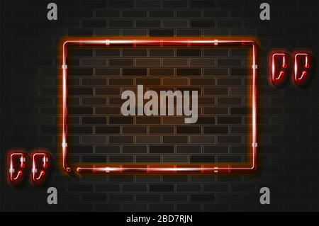 Rectangular red frame with quotation marks glowing neon sign or LED strip light. Realistic vector illustration. Black brick wall, soft shadow, metal h Stock Vector