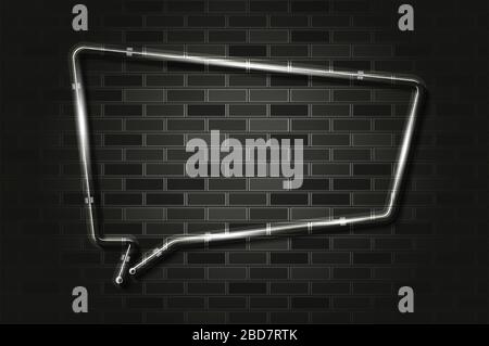 Square speech bubble glows with white light or LED strip light. Realistic vector illustration. Black brick wall, soft shadow, metal holders. Stock Vector